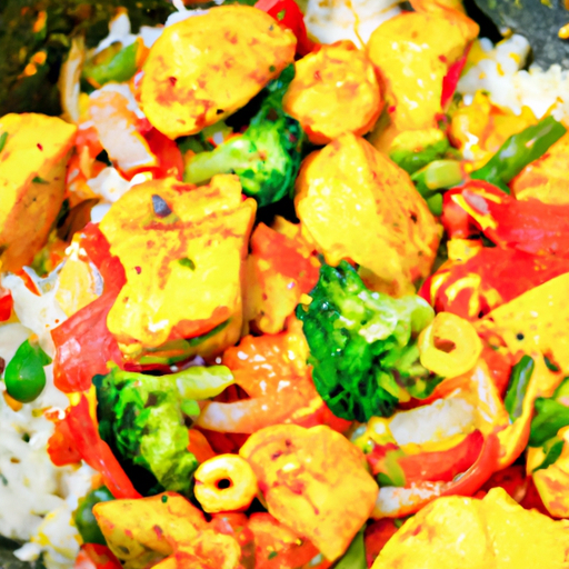 An image capturing a sizzling wok, filled with vibrant chunks of golden-brown chicken, seasoned with aromatic spices, nestled among a medley of colorful vegetables and fluffy grains of perfectly cooked rice