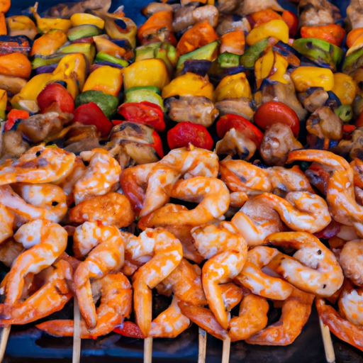 An image of vibrant, colorful seafood kebabs gently grilled on skewers, perfectly charred and dripping with zesty citrus marinade