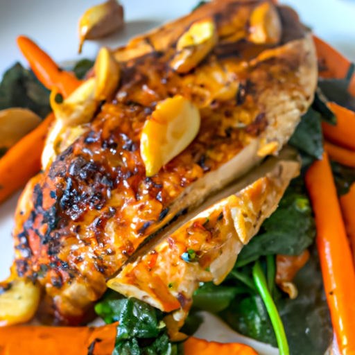 An image showcasing a succulent grilled chicken breast, perfectly charred and juicy, topped with a vibrant medley of sautéed garlic, wilted spinach, and julienne-cut carrots