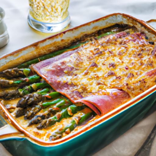 An image showcasing a golden-brown casserole dish filled with layers of vibrant green asparagus spears and succulent slices of savory ham, topped with a gratifyingly crispy breadcrumb crust
