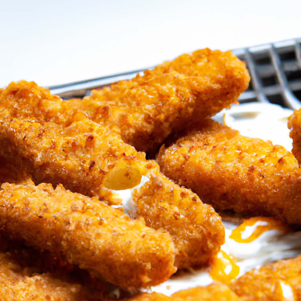 An image showcasing golden-brown, crispy fish sticks emerging from a sleek air fryer basket