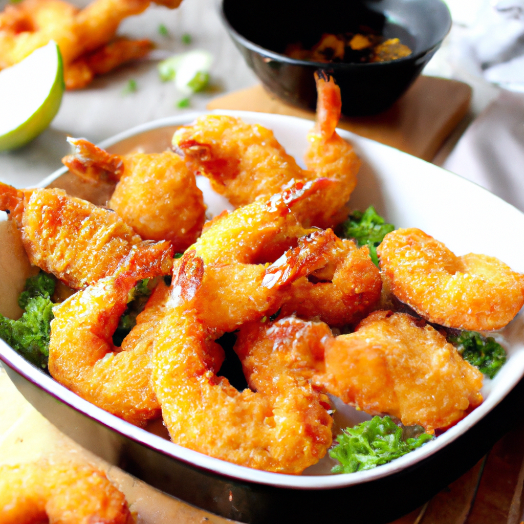 the essence of crispy perfection with a tantalizing image of succulent shrimp enveloped in a golden, panko-crusted coating, sizzling in the air fryer