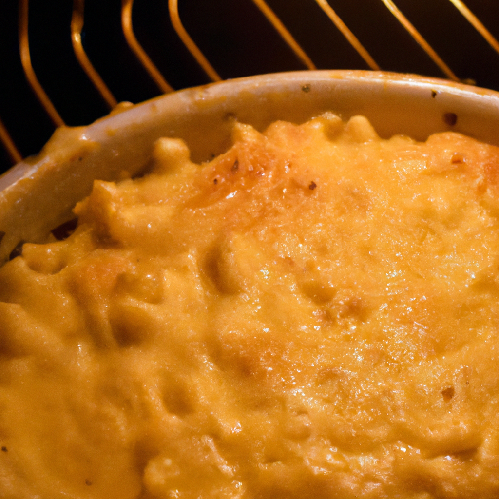 An image capturing the golden-brown crust of a creamy macaroni and cheese casserole emerging from an air fryer, with steam gently rising, showcasing its irresistible cheesy goodness