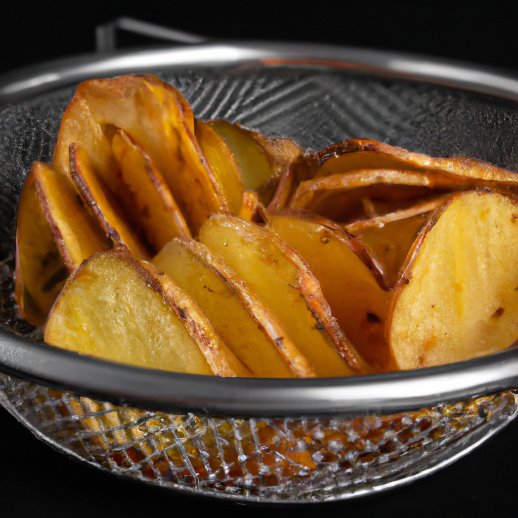 An image capturing freshly sliced potatoes being delicately dipped into a vibrant mixture, then gracefully arranged on a wire rack inside an air fryer