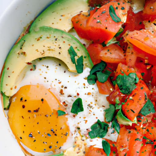 An image showcasing a vibrant breakfast bowl filled with ripe red tomatoes, creamy slices of avocado, and a perfectly cooked sunny-side-up egg, all beautifully arranged in a bowl with a sprinkle of fresh herbs