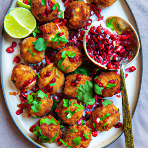 An image showcasing succulent shrimp cakes with a golden brown crust, topped with vibrant pomegranate salsa