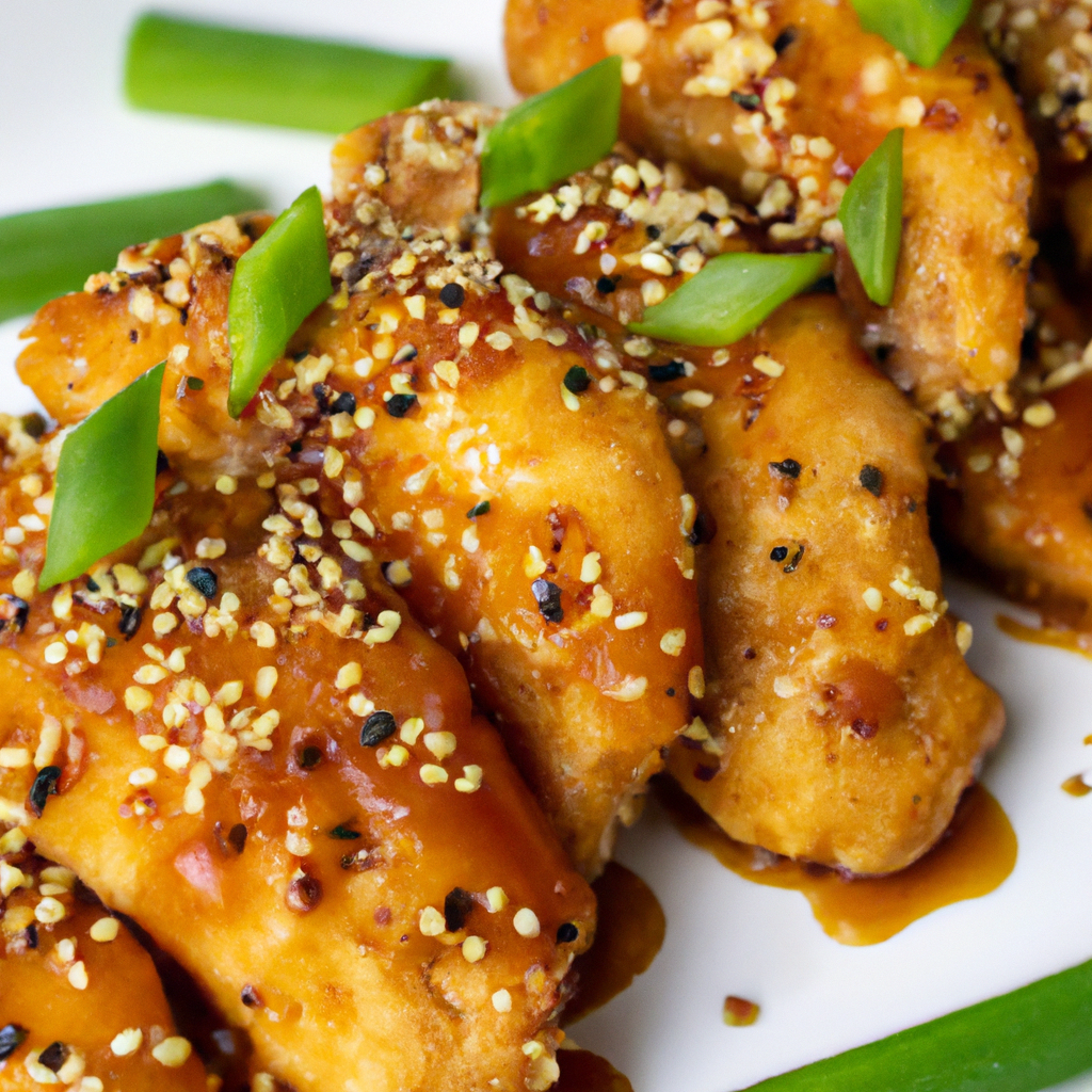 An image showcasing succulent pieces of tender chicken coated in a rich, glossy honey sesame glaze