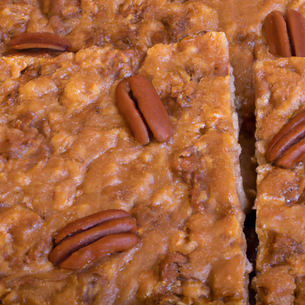 An image of a delectable tray of golden-brown Butterscotch Bars, their crumbly oat crust adorned with a generous layer of creamy butterscotch filling, topped with a sprinkle of toasted pecans