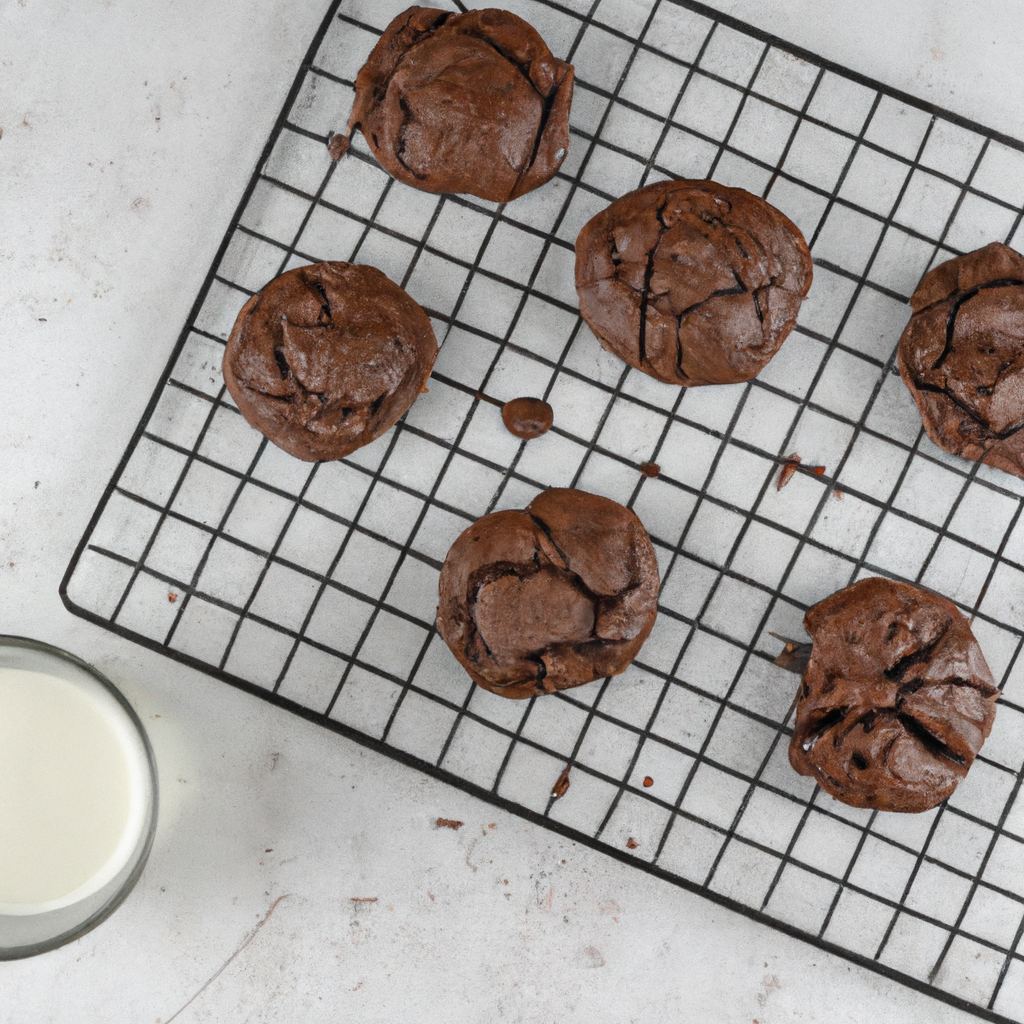 An image of a freshly baked batch of chocolate malted cookies cooling on a wire rack, revealing their crackly tops and gooey centers