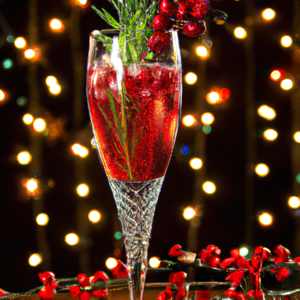 Ve, sparkling red Poinsettia Cocktail in a champagne flute, garnished with a sprig of rosemary and fresh cranberries, set against a backdrop of holiday decor with twinkling fairy lights and evergreen branches