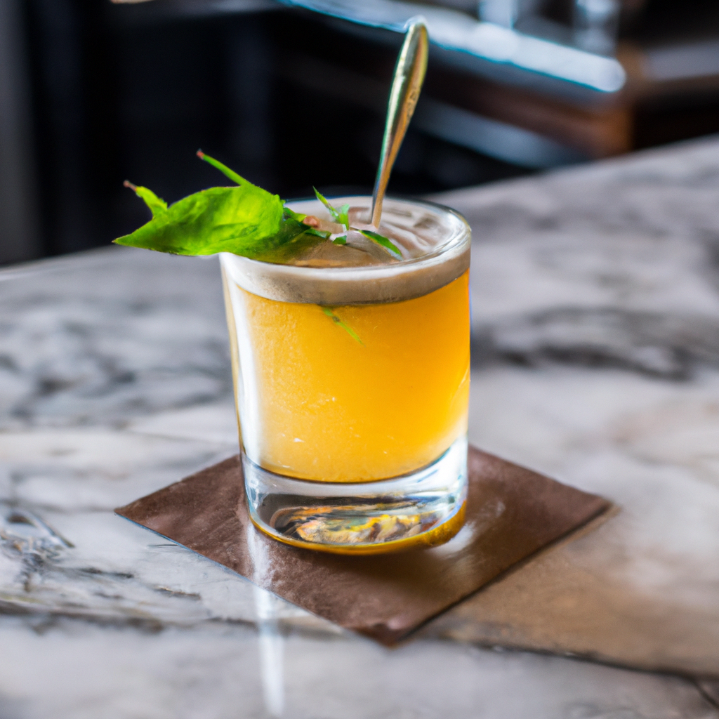 Ious, art deco bar with a polished marble counter, featuring an elegant cocktail glass filled with a vibrant, multi-layered drink