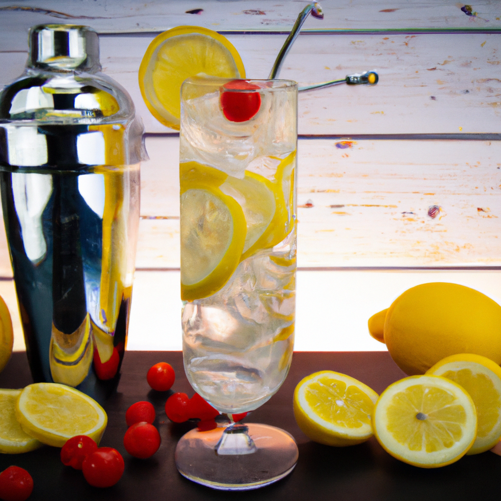 Glass filled with a clear, bubbly Tom Collins cocktail, garnished with a lemon wheel and a cherry