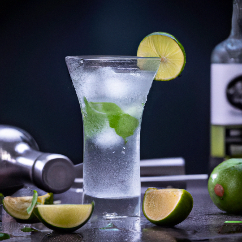 glass filled with a clear, sparkling vodka press cocktail, garnished with a lime wedge and mint leaves, surrounded by fresh lime slices, crushed ice, and a bottle of premium vodka in the background